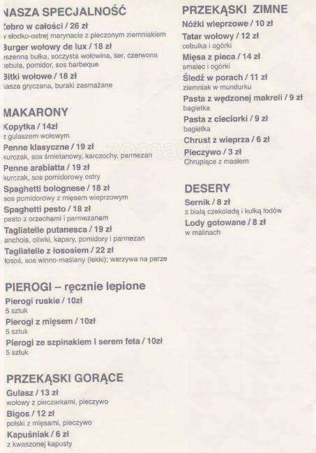 Menu at The Clash restaurant, Warsaw