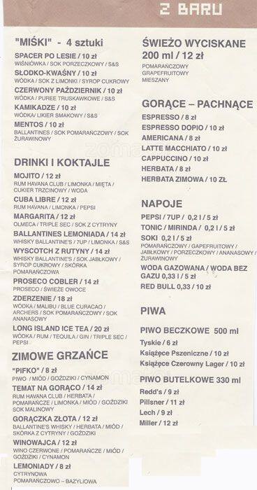 Menu at The Clash restaurant, Warsaw