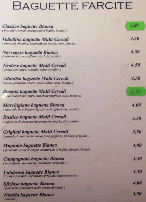 Menu au Bakery House, Rome, piazza istria