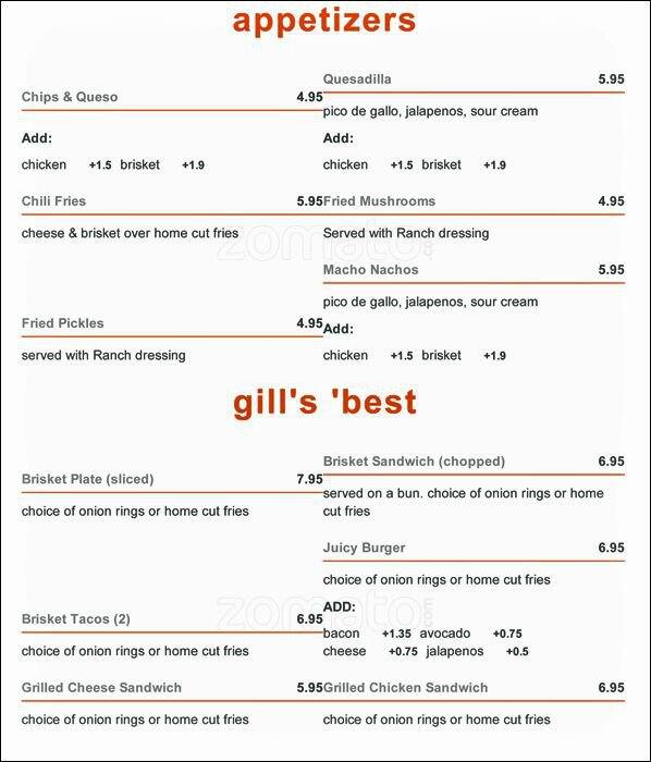 Gills Ranch House Bar & Grill Menu Urbanspoon/Zomato