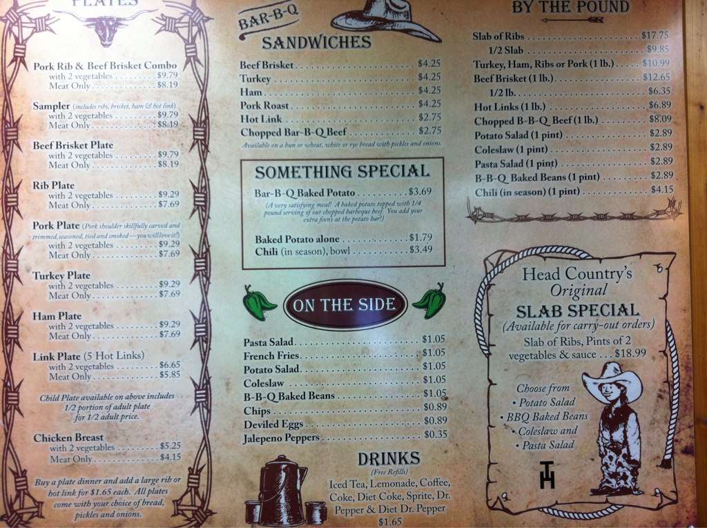 Menu at Danny's BBQ Head Quarters (formerly Head Country BarBQ
