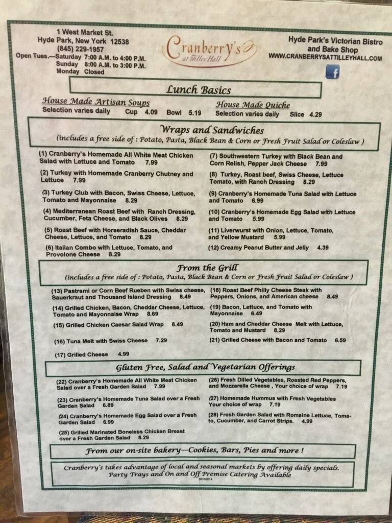 Cranberry's At Tilley Hall Menu Urbanspoon/Zomato