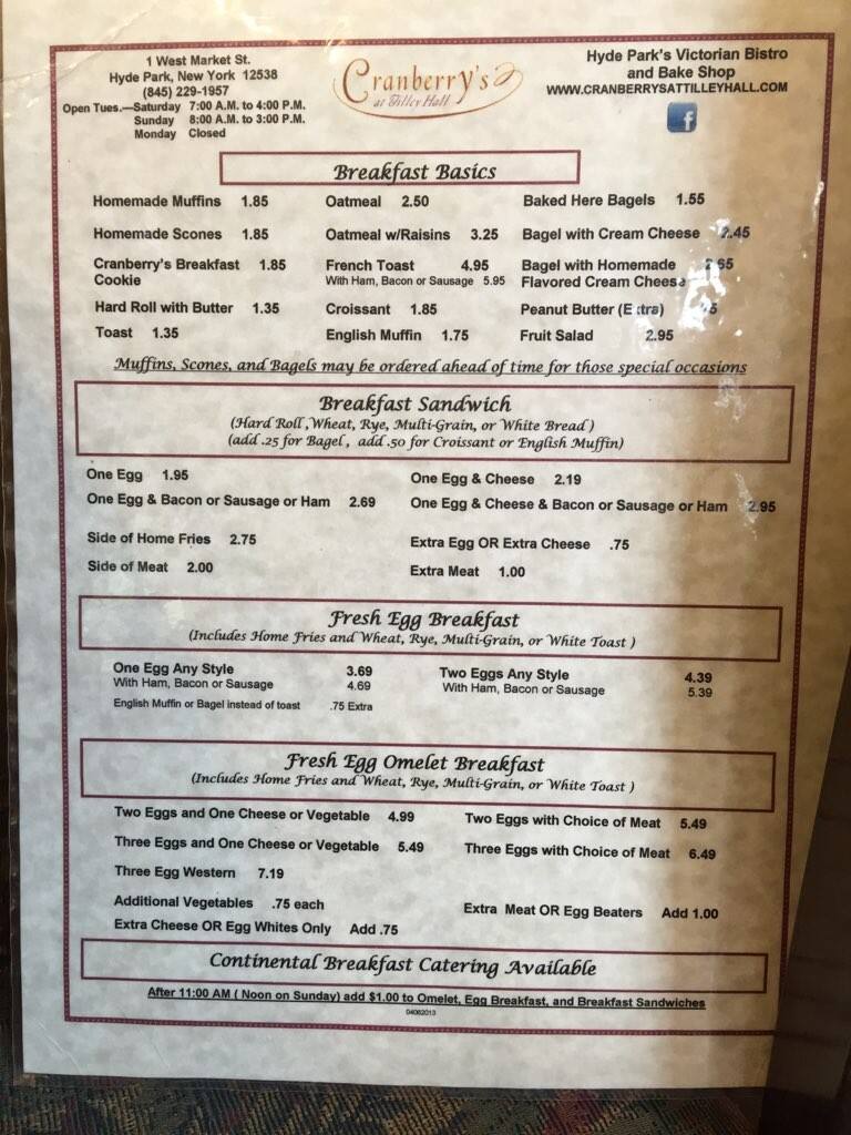 Menu at Cranberry's At Tilley Hall cafe, Hyde Park