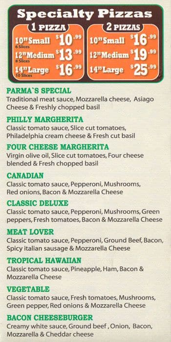 Parma Pizza Menu, Menu for Parma Pizza, Etobicoke, Toronto - Urbanspoon ...