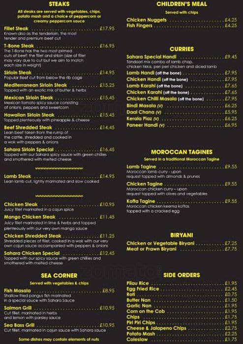 Sahara menu