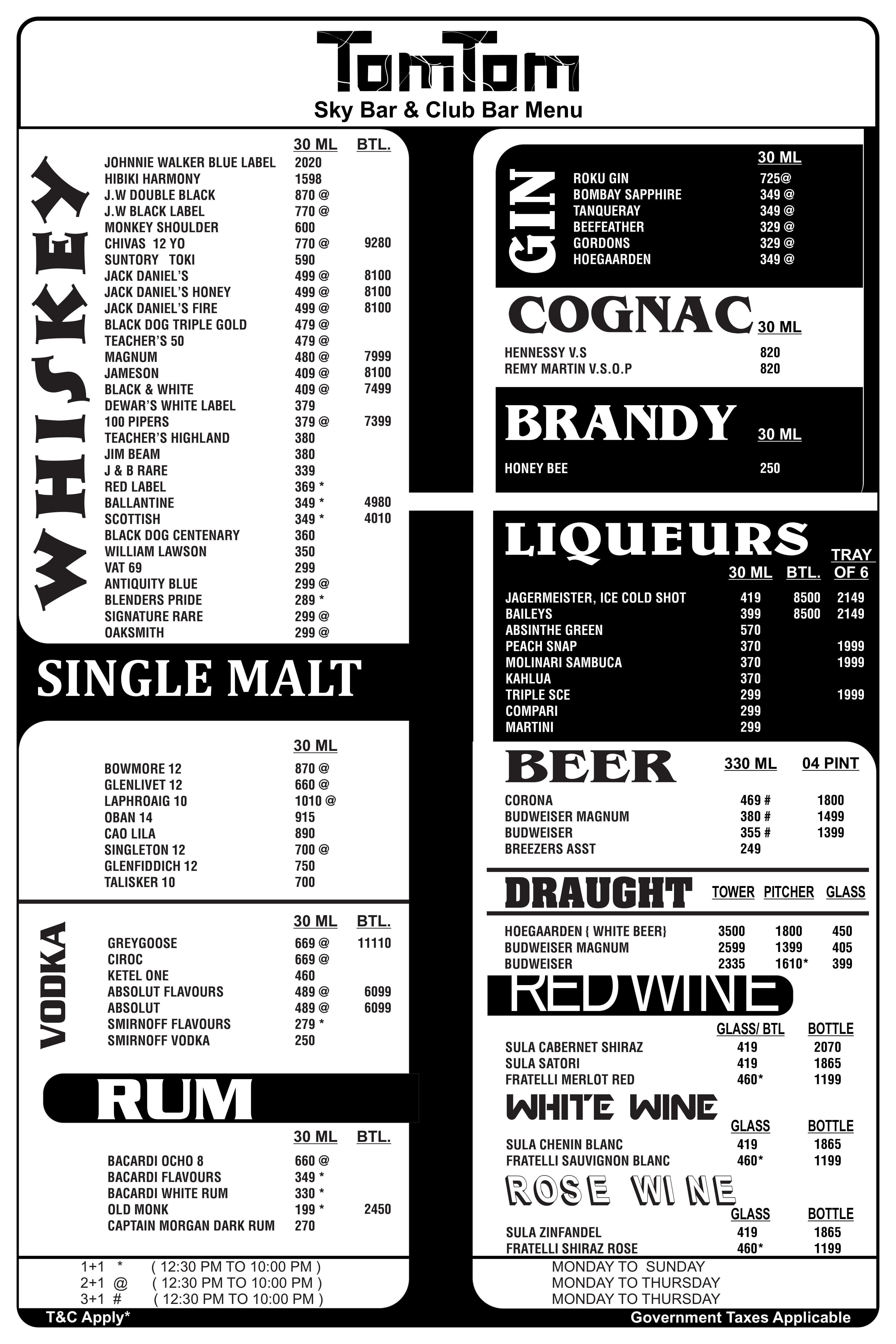 Menu of TomTom Sky Bar & Club, Turbhe, Navi Mumbai