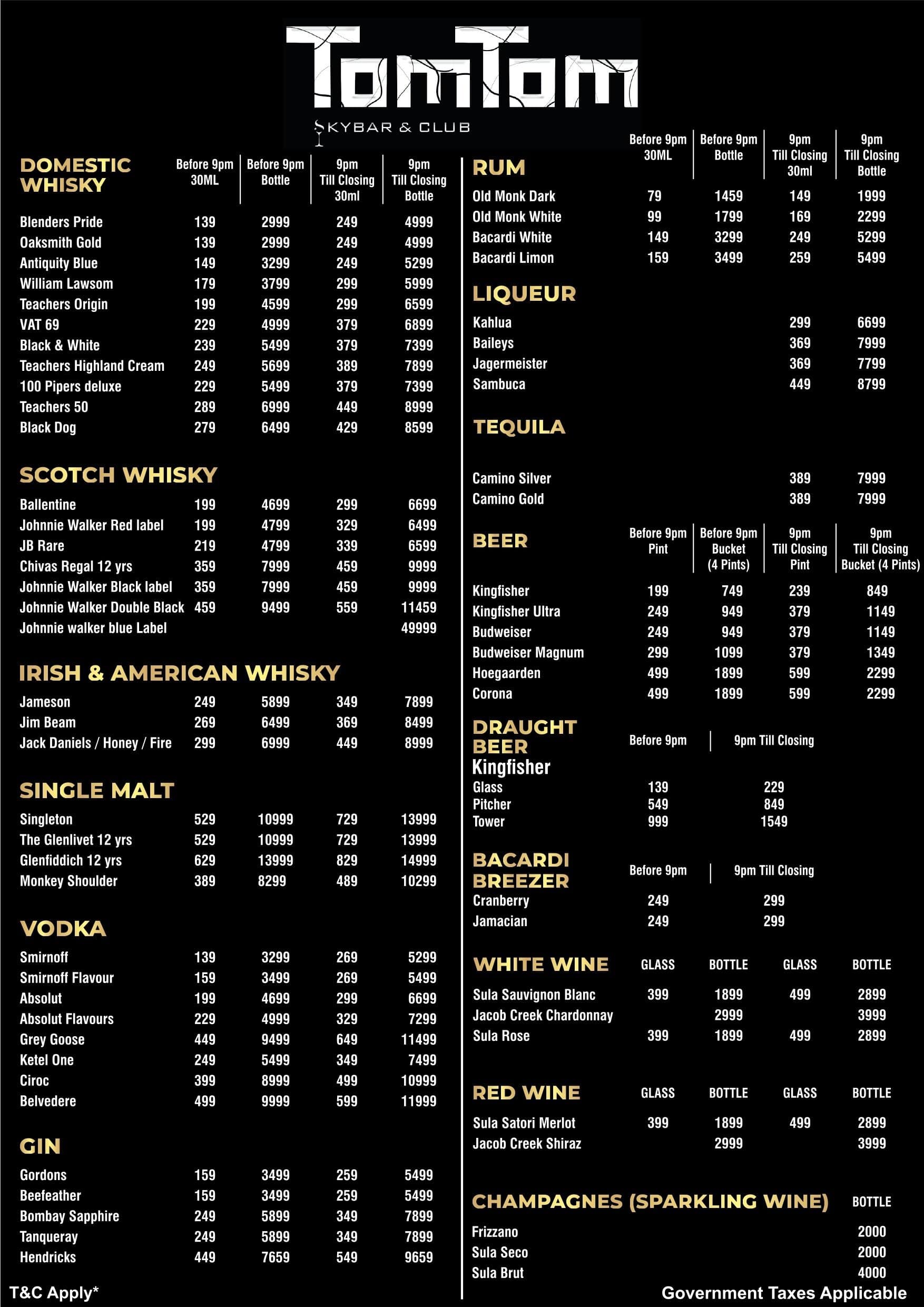 Menu of TomTom Sky Bar & Club, Turbhe, Navi Mumbai