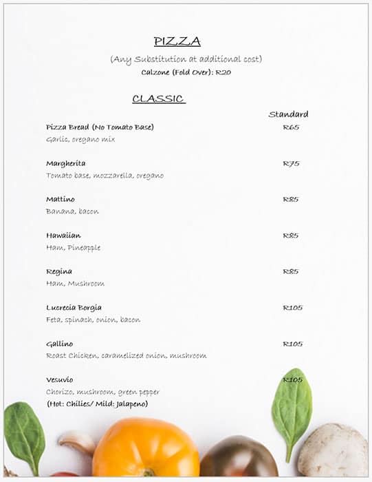 Menu de Al Forno's