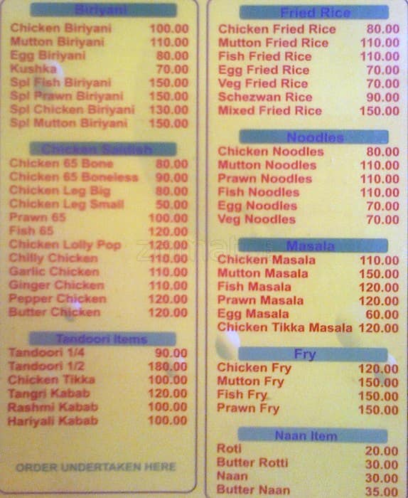 Menu at Chennai Halal Kattu Briyani and Fast Food, Chennai