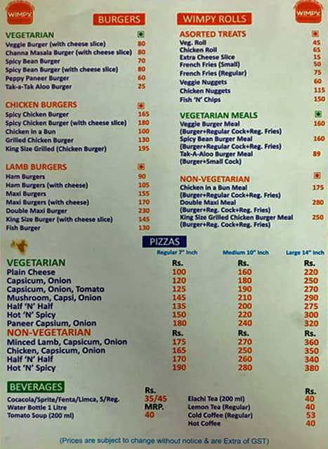 Menu At Wimpy, New Delhi, Shop No.31