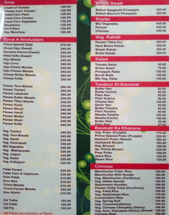 Prince Restaurant Naranpura Ahmedabad menu