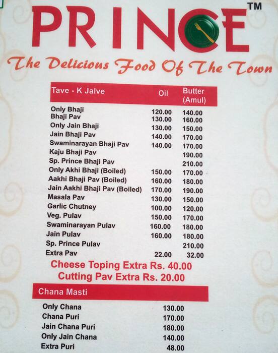 Prince Restaurant Naranpura Ahmedabad menu