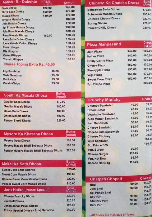 Prince Restaurant Naranpura Ahmedabad menu