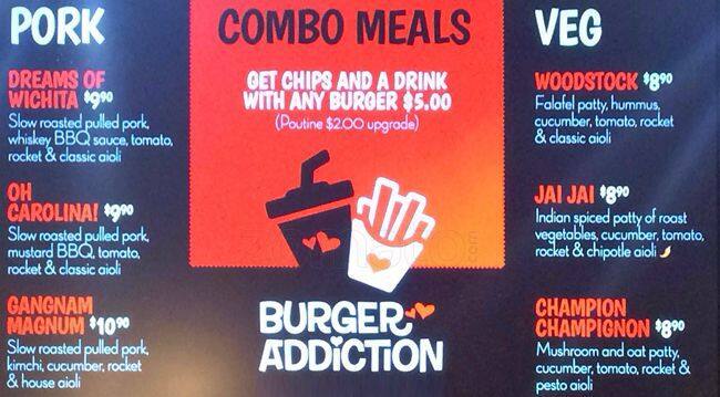 Menu at Burger Addiction fast food, Adelaide, 77 Rundle Mall