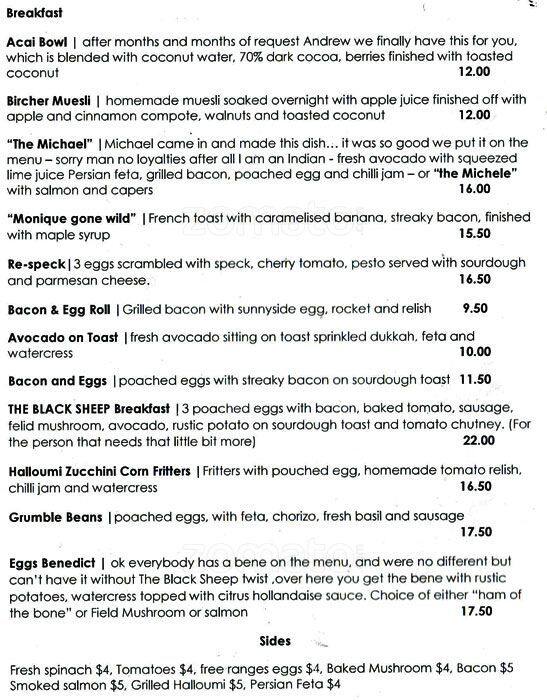 The Black Sheep Menu, Menu podniku The Black Sheep, Coolangatta, Gold