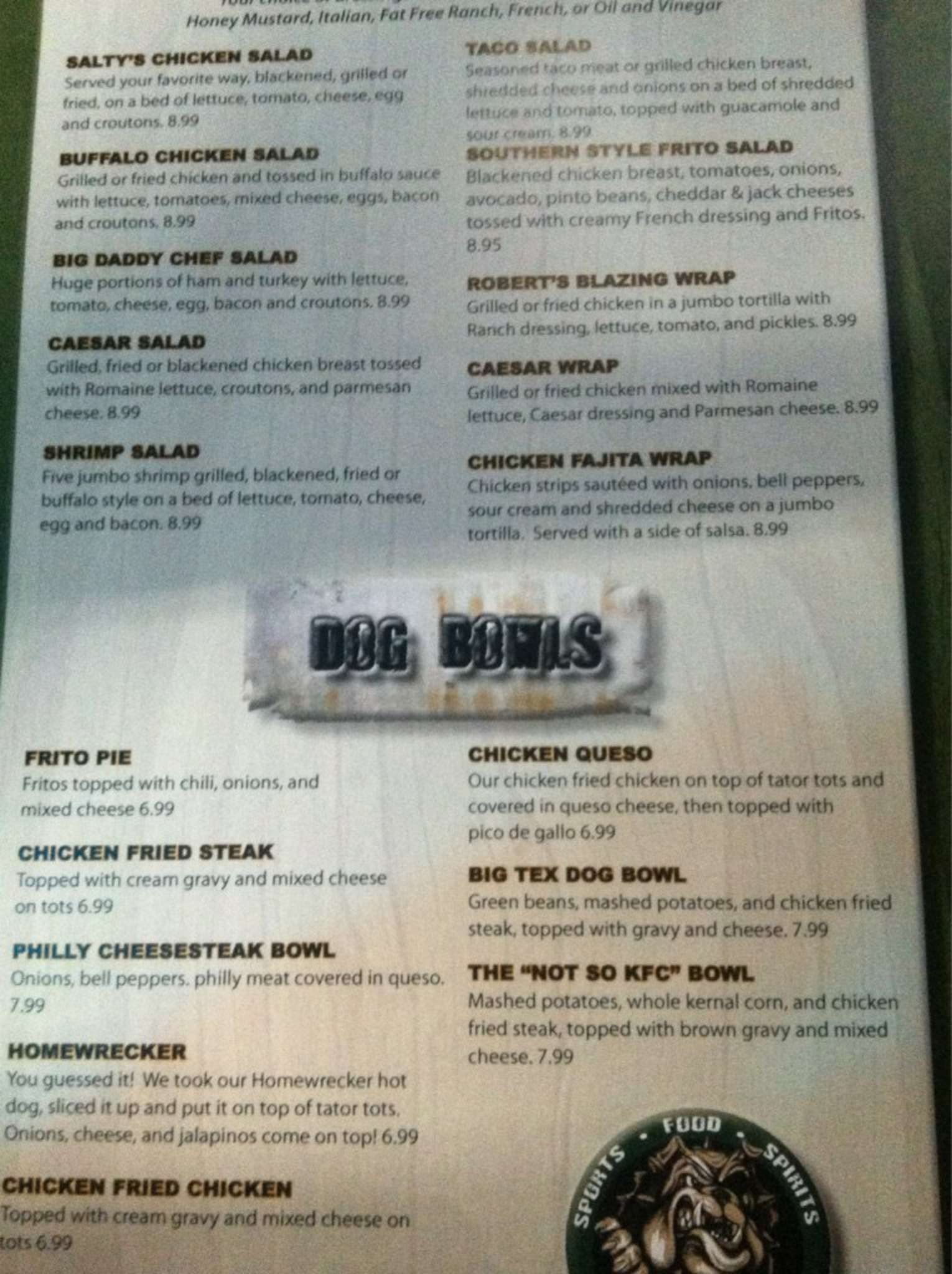 Menu at Salty Dog Sports Bar And Grill, Waco