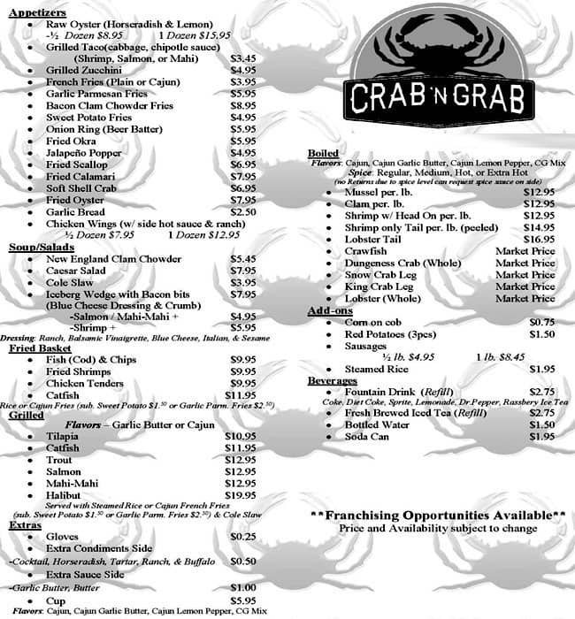 Crab ‘N Grab Menu,Menú para Crab ‘N Grab, Porter Ranch, Los Angeles