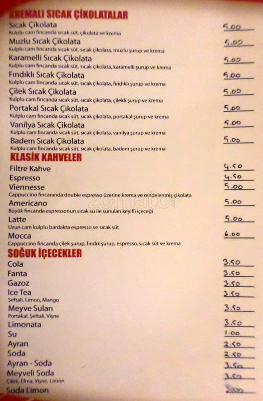 Menu at Ankara Kültürevi Kafe, Ankara