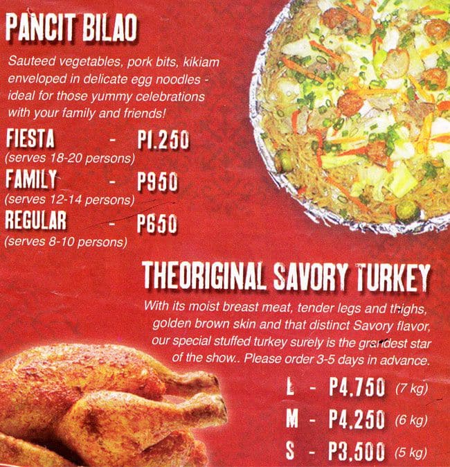 Menu at Savory fast food, Manila, City Place Square