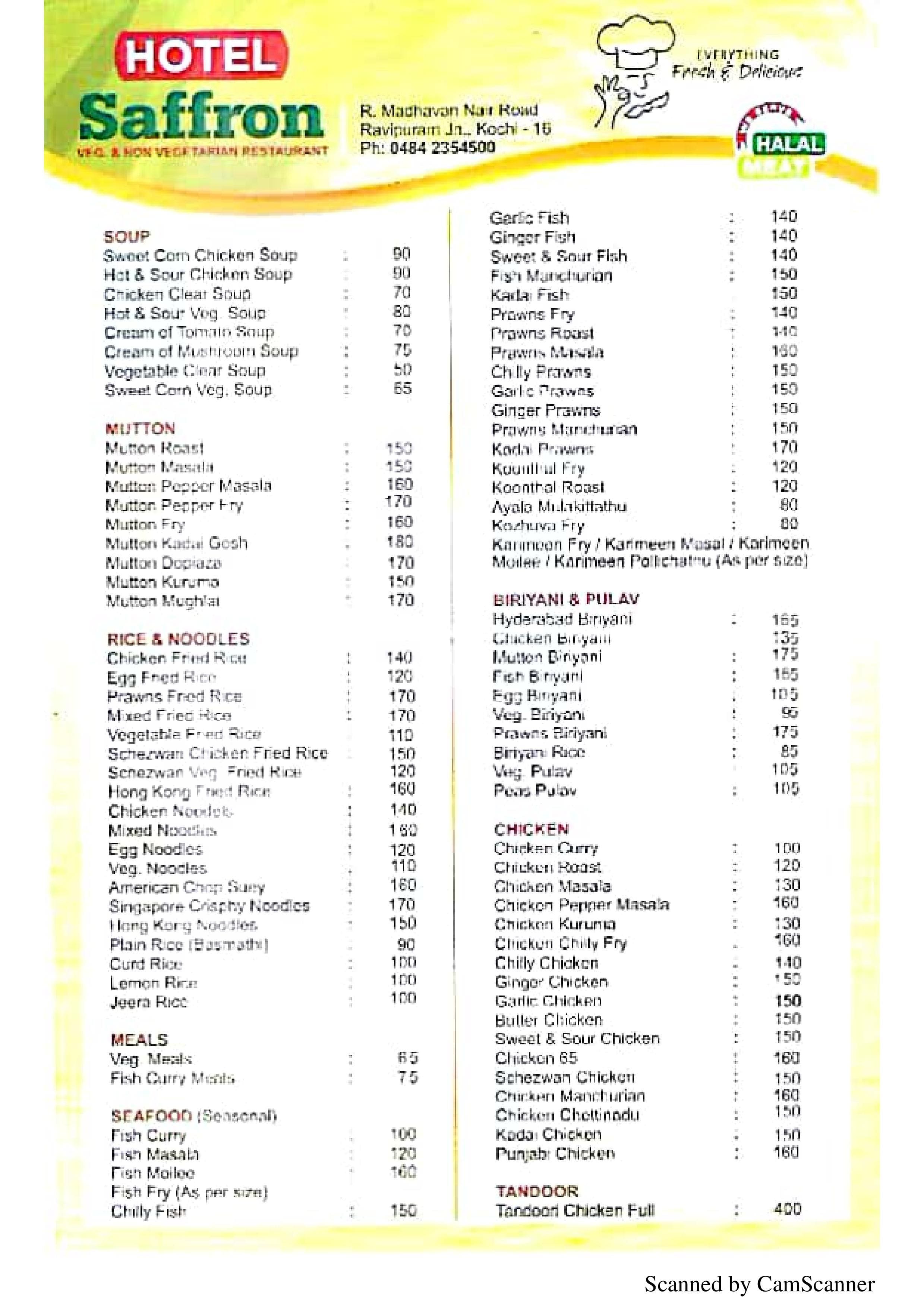Menu of Hotel Saffron, Ravipuram, Kochi