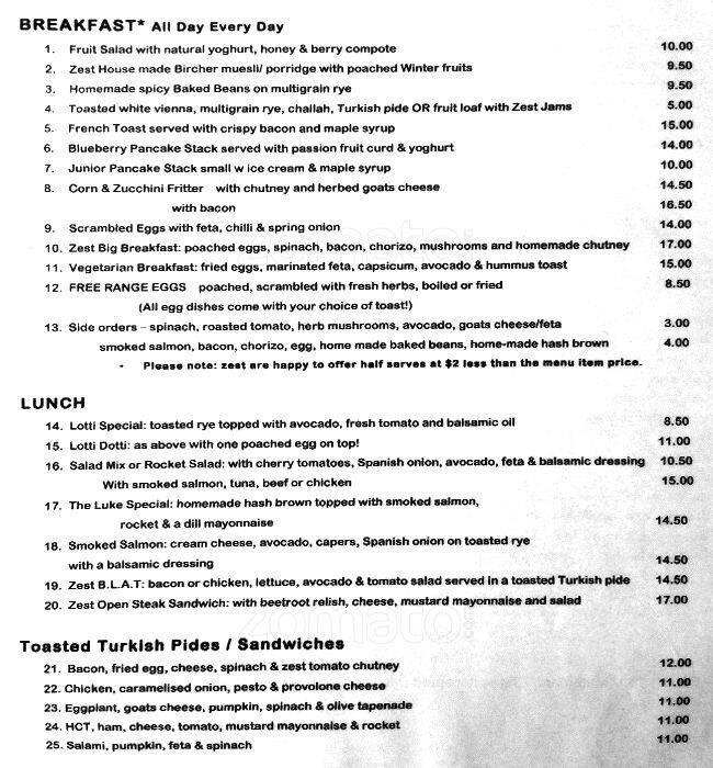 Zest Menu, Menu podniku Zest, Brighton, Melbourne Urbanspoon/Zomato