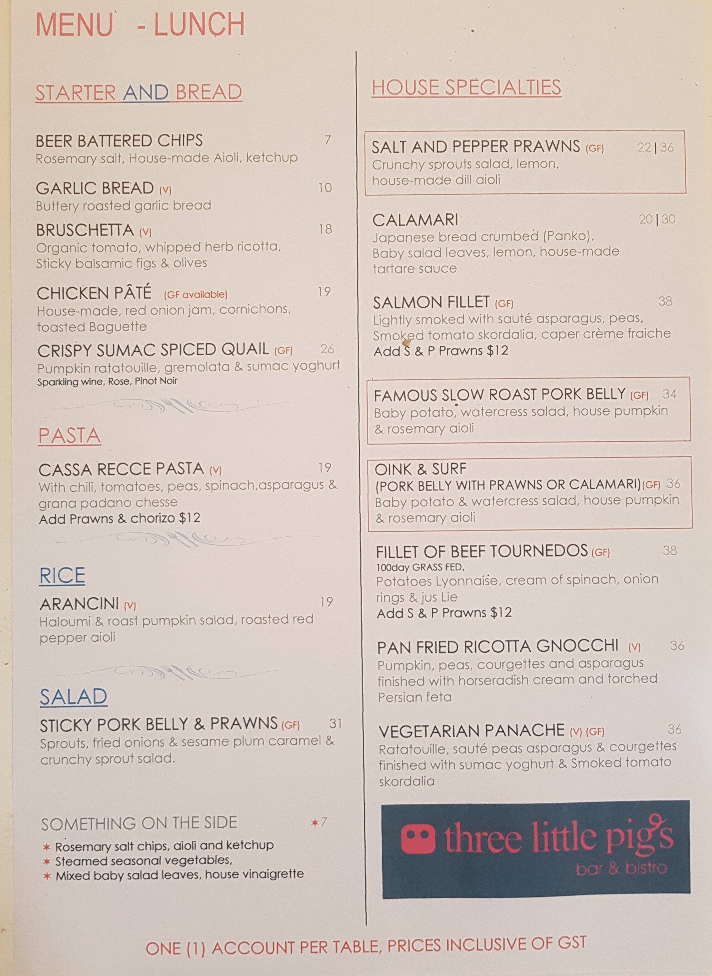Menu at Three Little Pigs Bar & Bistro, Tamborine Mountain