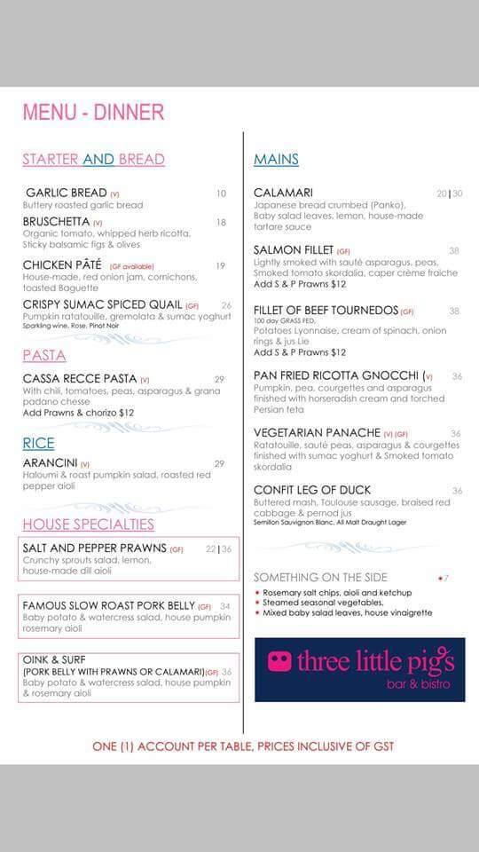 Menu at Three Little Pigs Bar & Bistro, Tamborine Mountain