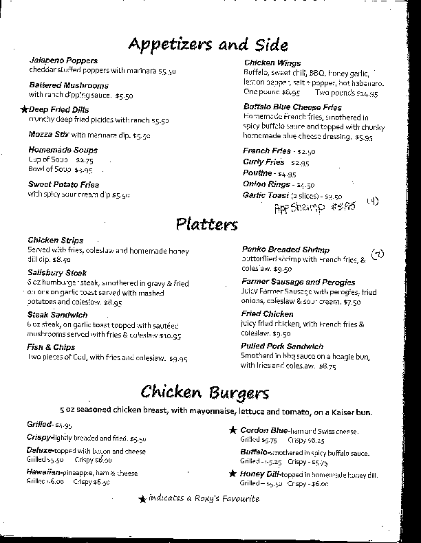 Menu at Roxy's Restaurant & Lounge, Oak Bluff
