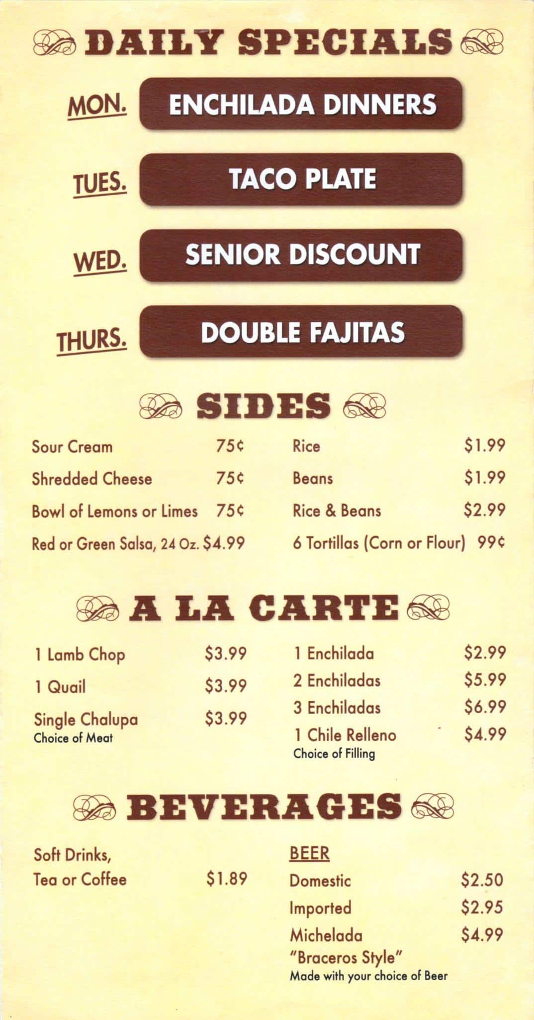 Menu at El Bracero restaurant, Amarillo, Bell St