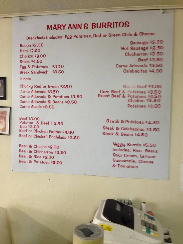 Mary Ann's Famous Burrito Menu Urbanspoon/Zomato