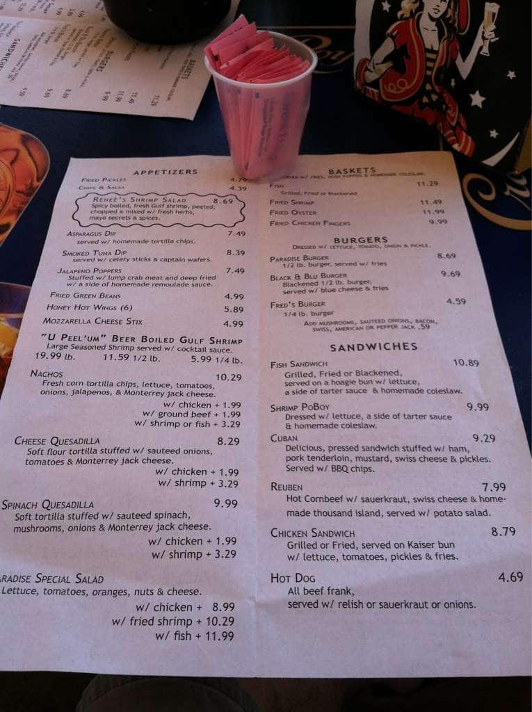 Menu At Paradise Bar & Grill, Pensacola Beach