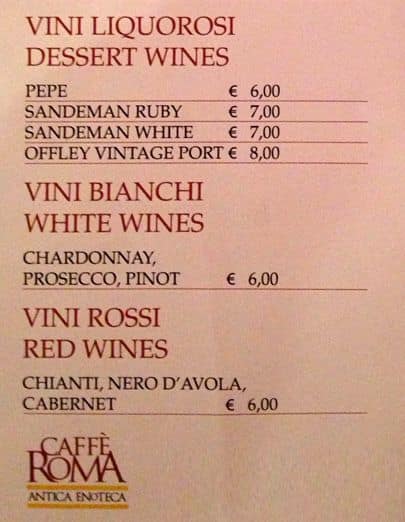 Menu di Caffè Roma 