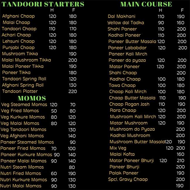 Menu of Daalchini, NIT, Faridabad