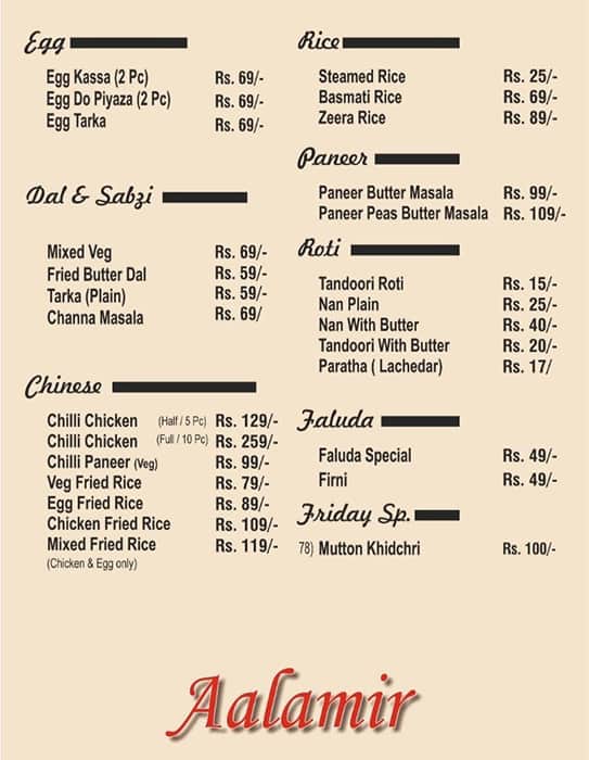 Aalamir Restaurant menu