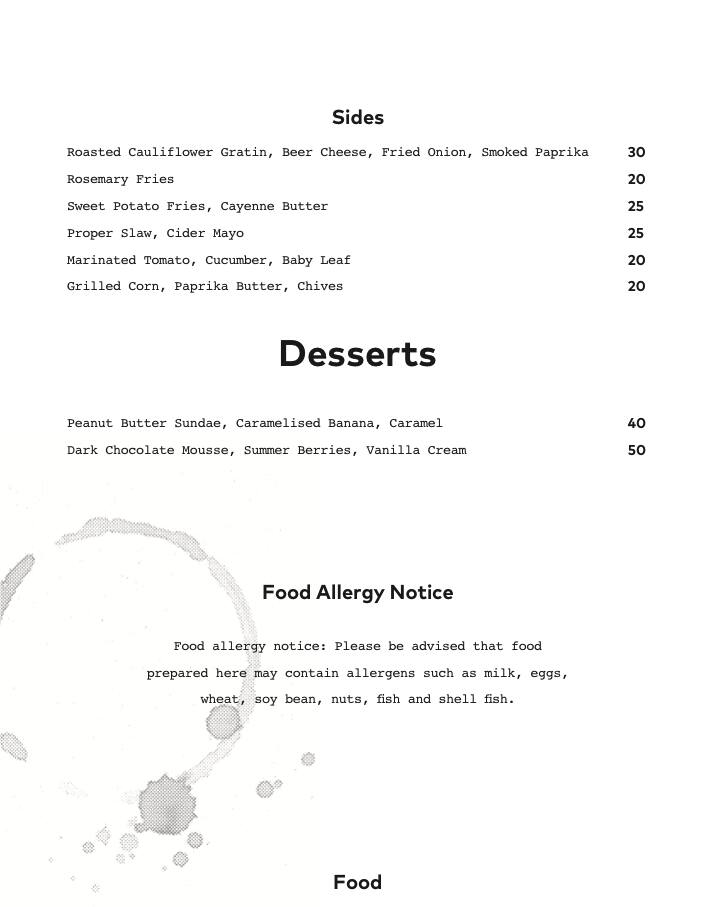 Menu at Taproom Salt River restaurant, Cape Town, 150 Cecil Rd