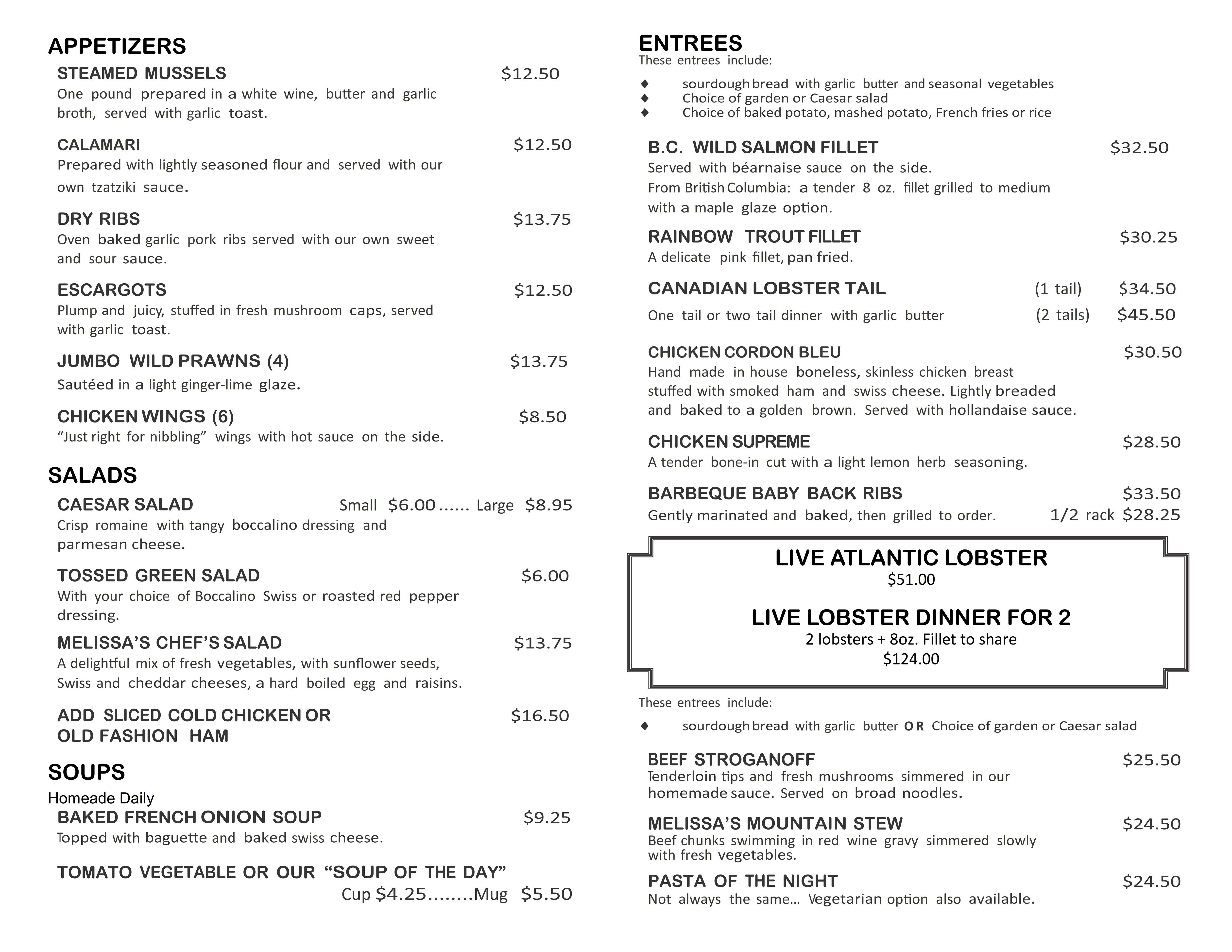 Menu at Melissa's pub & bar, Banff