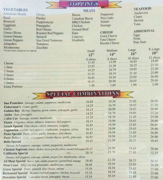 Bella Pizza Menu, Menu for Bella Pizza, Inner Richmond, San Francisco
