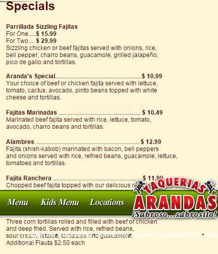 Taquerias Arandas menu