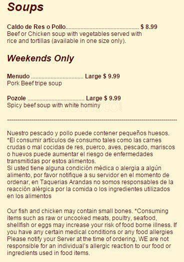 Taquerias Arandas menu