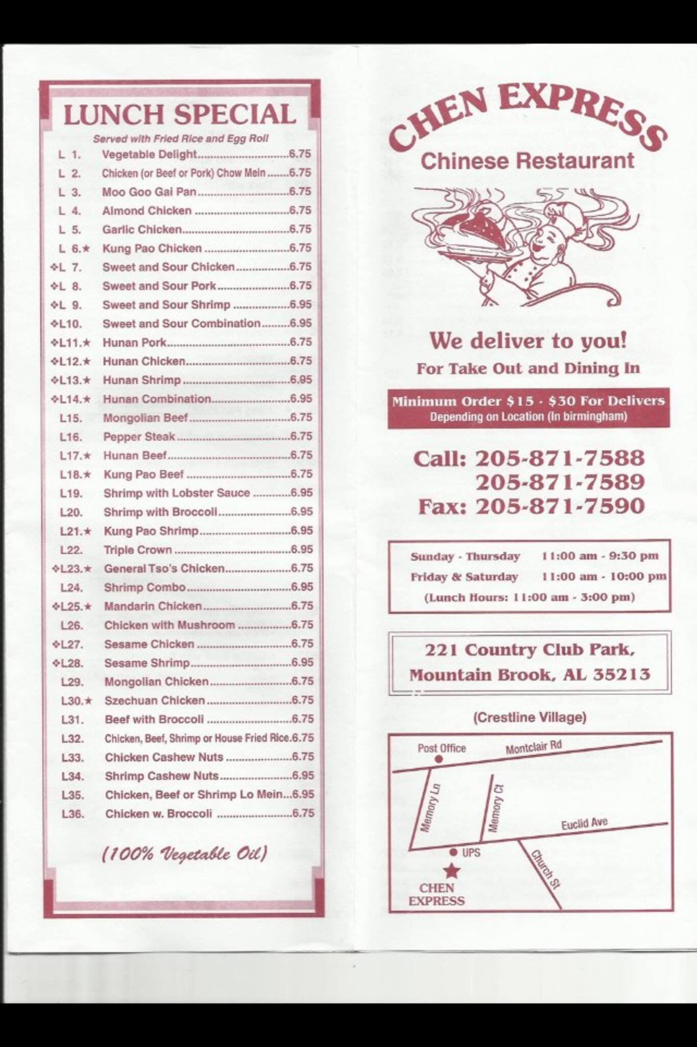 Menu at Chen Express restaurant, Birmingham