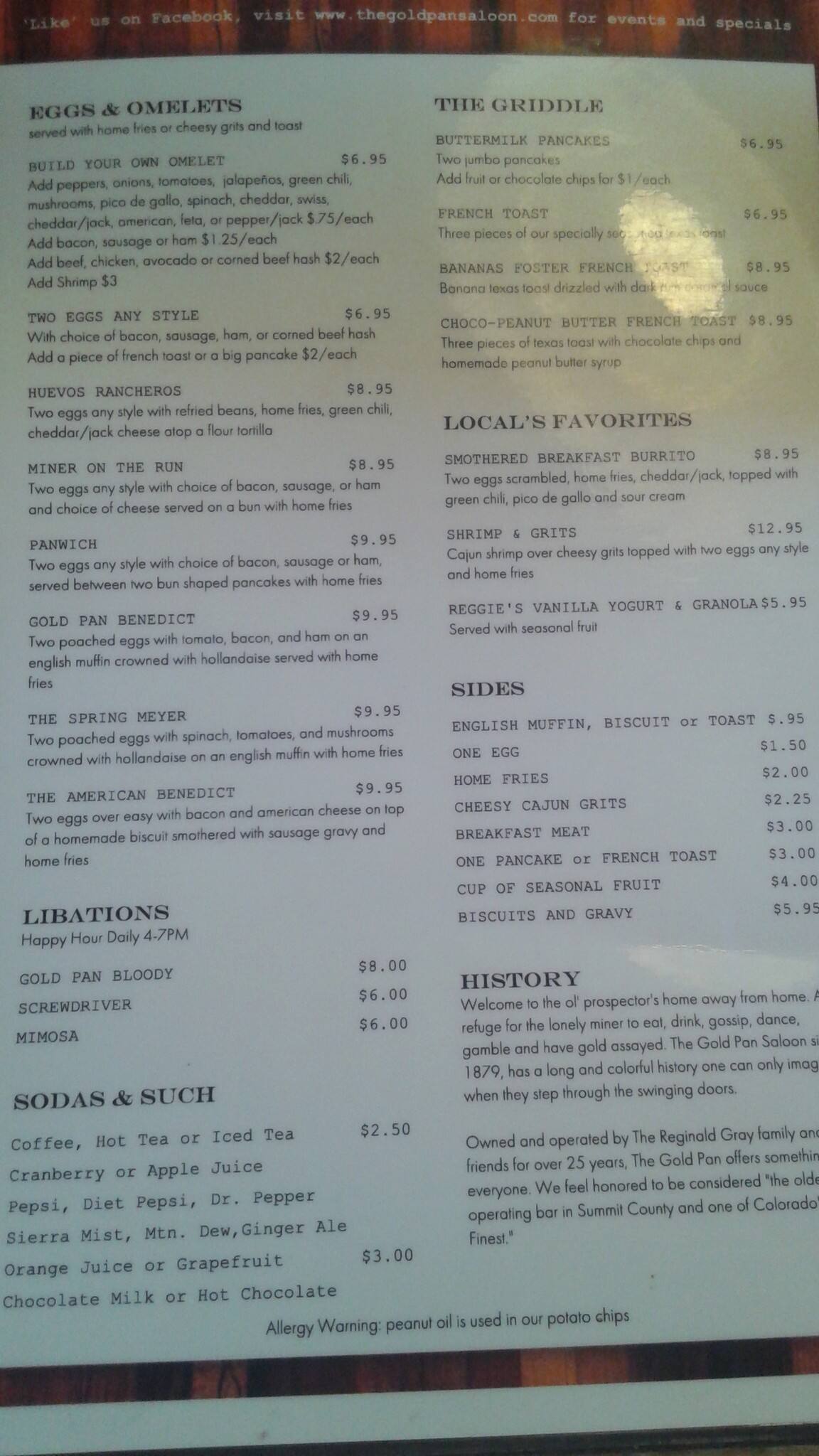 Menu at The Gold Pan Saloon pub & bar, Breckenridge