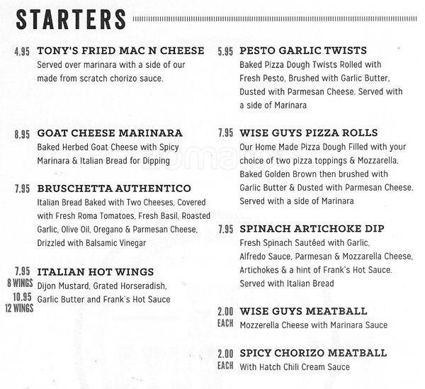 Wise Guys Pizzeria Menu, Menu for Wise Guys Pizzeria, Grapevine