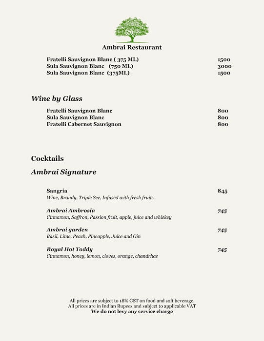 Ambrai Restaurant menu