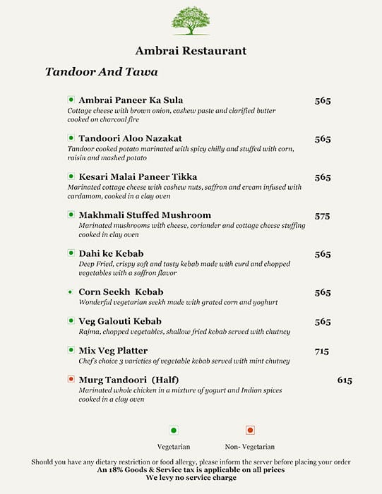 Ambrai Restaurant menu