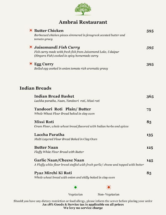 Ambrai Restaurant menu