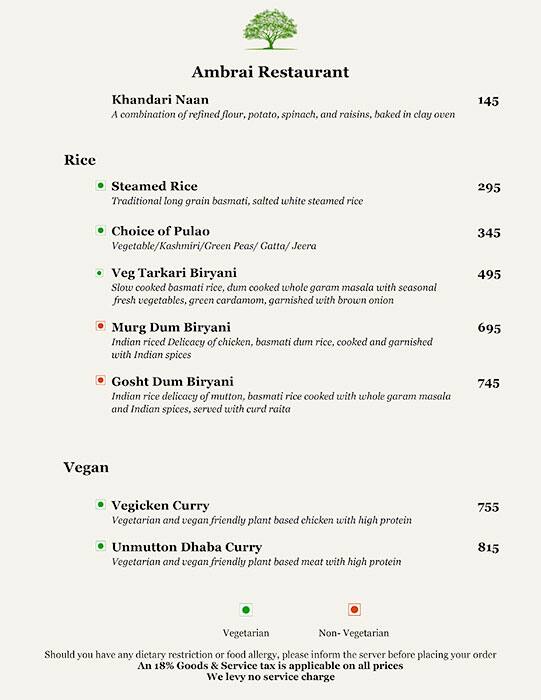 Ambrai Restaurant menu
