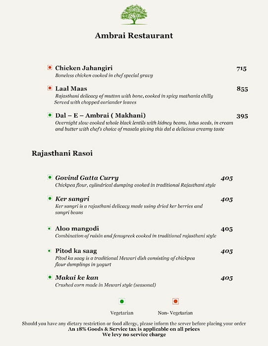 Ambrai Restaurant menu