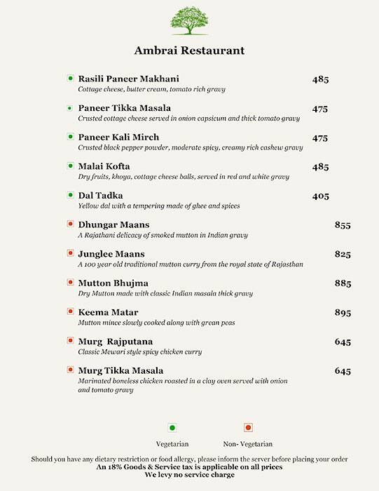 Ambrai Restaurant menu
