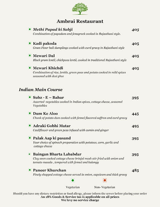 Ambrai Restaurant menu