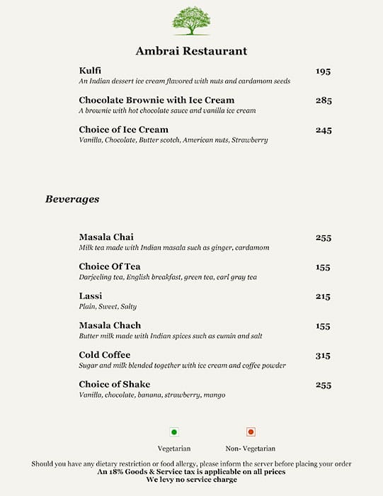 Ambrai Restaurant menu